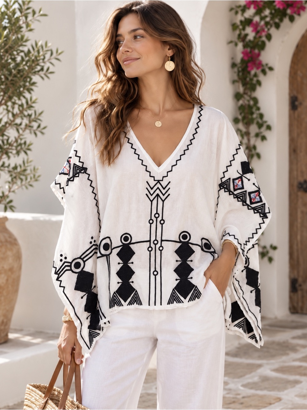 Figue Embroidered Cotton Tunic Top Small White Black Boho Kaftan Resort